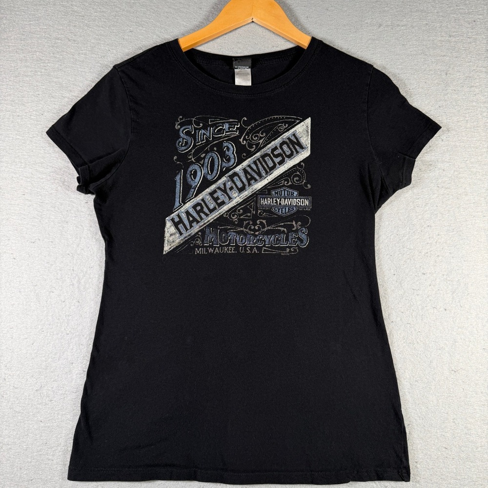 Harley Davidson Womens Black Graphic T-Shirt Since 1903 Motorcycle Large 12830